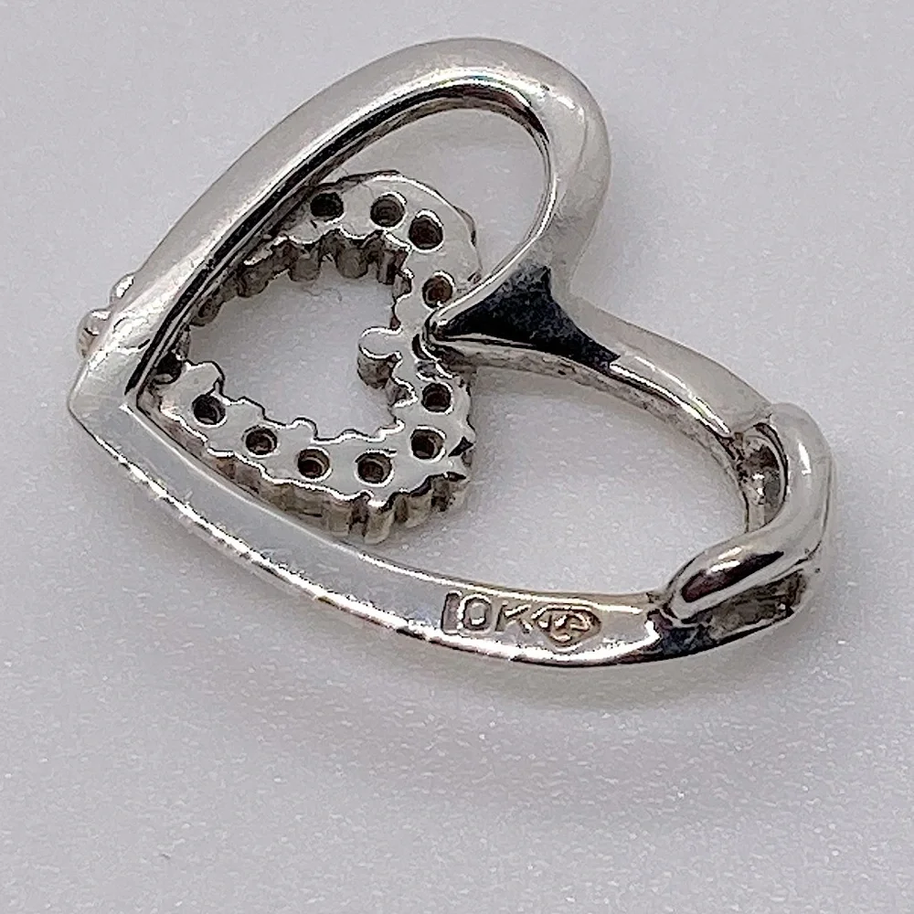 10k White Gold & Diamond Double Heart Pendant | .6” L / 1.3g - Picture 7 of 10